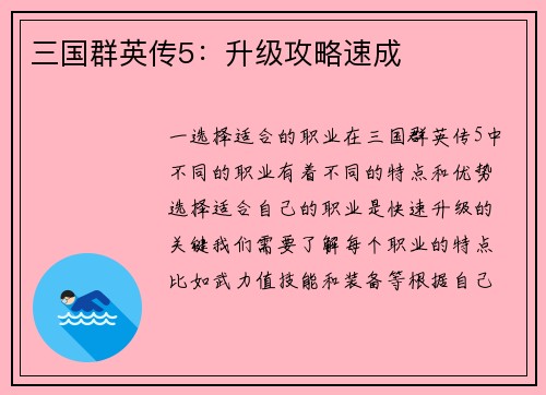 三国群英传5：升级攻略速成